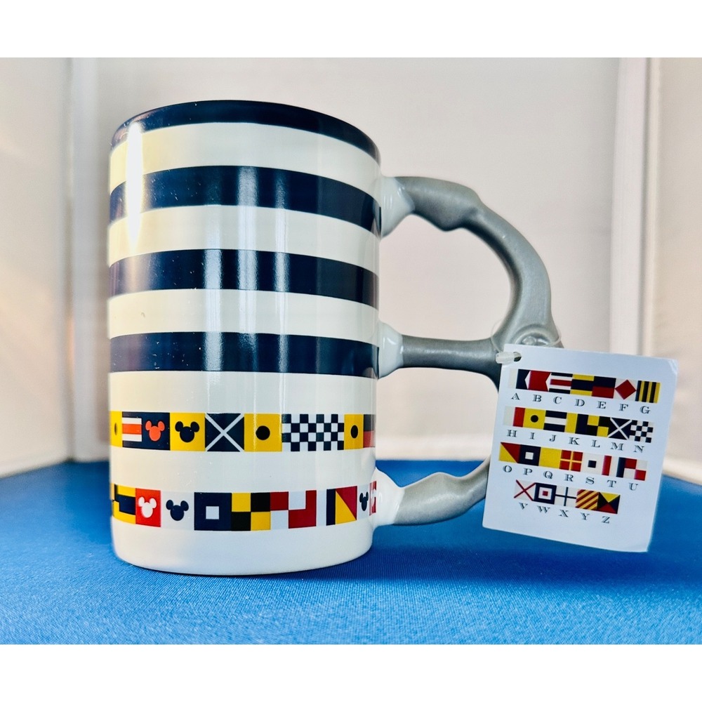 NWT Disney Mickey Nautical Anchor World Flags Blue White Striped Coffee Mug 20oz
